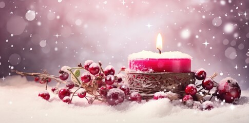 Obraz na płótnie Canvas Burning candle and Christmas decoration over snowed background. Generative AI.