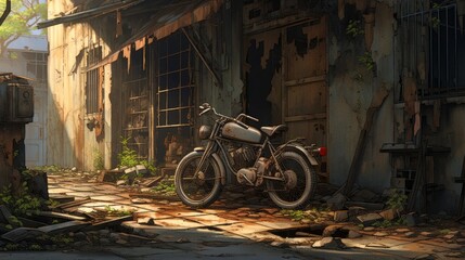 Photo of a motorcycle parked in front of a dilapidated building