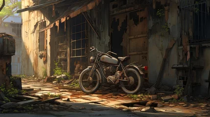 Poster Im Rahmen Photo of a motorcycle parked in front of a dilapidated building © mattegg