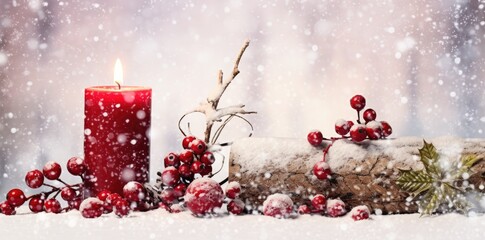 Beautiful candle on the snow With Christmas Decoration. Generative AI