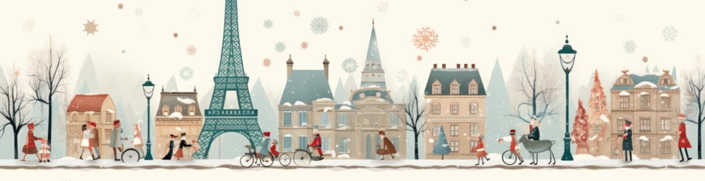 Christmas Illustration of Paris with the most known monuments. Generative AI