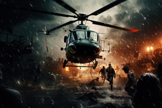 Action shot with helicopter hovering in the air. Dynamic scene in action movie blockbuster style.