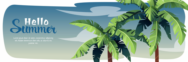 Fototapeta na wymiar Horizontal summer banner with palm trees. Summer vacation at sea, beach vibe, holidays.Tropical background for poster, flyer, advertising.