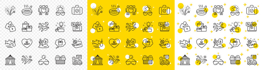 Outline Sale, Circus tent and Best glasses line icons pack for web with Fishing place, Airplane travel, Locks line icon. Carry-on baggage, Sunglasses, Fishing pictogram icon. Travel loan. Vector