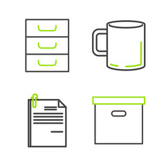 Set line Carton cardboard box, File document and paper clip, Coffee cup flat and Drawer with documents icon. Vector