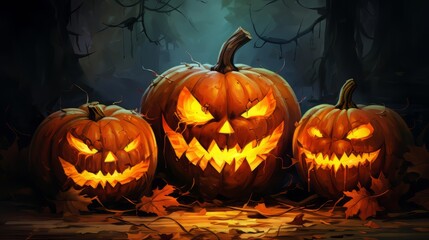 Halloween - carved pumpkins on wooden floor