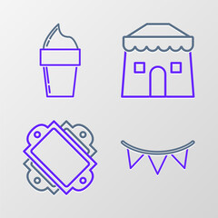 Set line Carnival garland with flags, Ticket, Circus tent and Ice cream in waffle cone icon. Vector