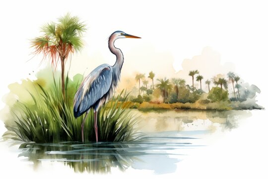 Crane animal. Watercolor of water, green plants. Beautiful illustration picture. Generative AI