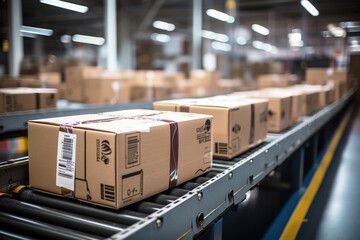 parcels move swiftly along a conveyor belt, showcasing the efficiency and automation of logistics management in warehouse - obrazy, fototapety, plakaty