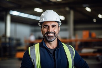 Manager wearing hard hat is indoors. Beautiful illustration picture. Generative AI