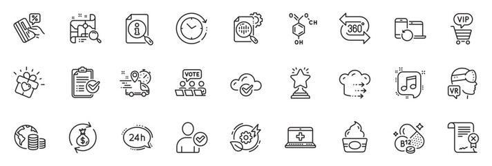 Icons pack as Reject certificate, 360 degree and Food delivery line icons for app include Augmented reality, Love gift, Vip shopping outline thin icon web set. Time change. Vector