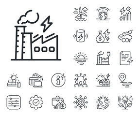 Electric energy power type sign. Energy, Co2 exhaust and solar panel outline icons. Electricity factory line icon. Lightning bolt symbol. Electricity factory line sign. Vector