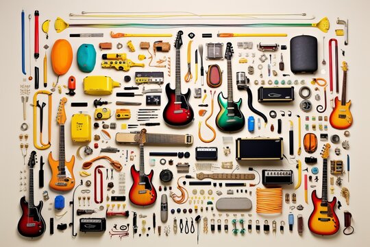 Musical instruments knolling. Beautiful illustration picture. Generative AI