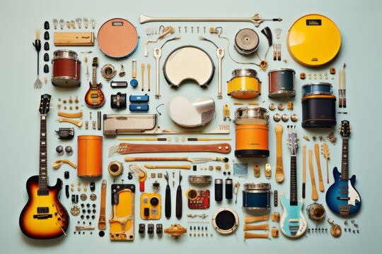 Musical instruments knolling. Beautiful illustration picture. Generative AI
