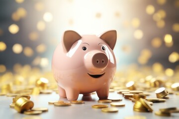 Piggy bank with falling coins. Savings and investment. Generative Ai