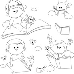 Happy children reading and flying in the sky with books. Vector black and white coloring page.