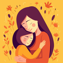 Mother embraces her daughter on a floral background, vector illustration in a flat style