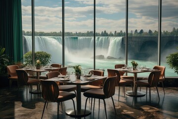 Luxury eatery near beautiful lake. dinner concept. Generative AI