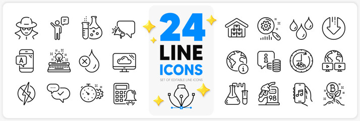 Icons set of Wholesale goods, Ab testing and Antistatic line icons pack for app with Chemistry lab, Download arrow, Info thin outline icon. Bitcoin project, 48 hours, Waterproof pictogram. Vector