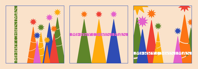 Set of festive greeting cards for winter holidays. Merry Christmas card template. Holiday greeting poster design with inscription. Modern vector illustration of Christmas trees for print, social media