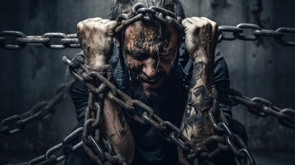 Fototapeta na wymiar A man in chains tries to break free, depression, mental health, sadness