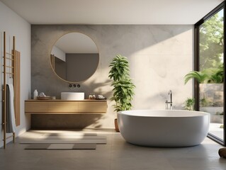 Fototapeta na wymiar Modern bathroom featuring a natural stone countertop with an integrated sink, a round mirror, a shower cabin, a round bathtub generative ai