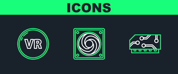 Set line RAM, random access memory, Virtual reality and Computer cooler icon. Vector
