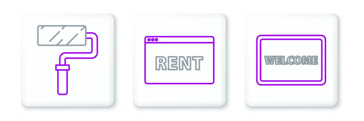 Set line Doormat with the text Welcome, Paint roller brush and Hanging sign Online Rent icon. Vector