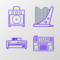 Obraz premium Set line DJ remote for playing and mixing music, Music CD player, Harp and Guitar amplifier icon. Vector