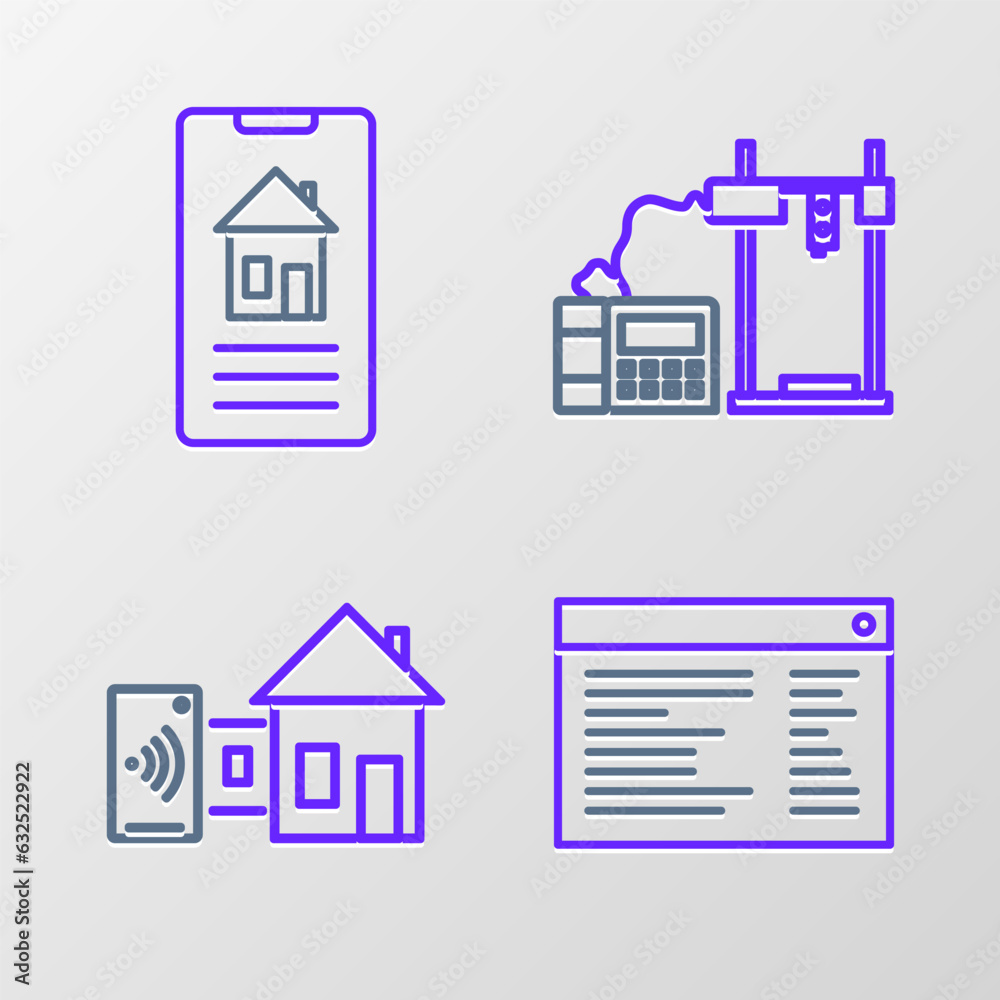 Poster set line software, web developer programming code, smart home, 3d printer and icon. vector