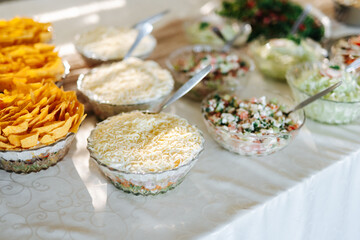 Buffet with salads, meats, and cheeses at a German wedding reception