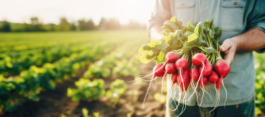 Farmer holding freshly harvested organic radish at vegetable garden. Agriculture and food concept. - Powered by Adobe