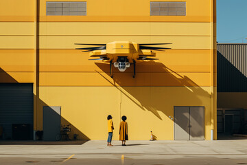 yellow heavy parcel drone in front of warehouse with female workers entrepeneurs, efficiency