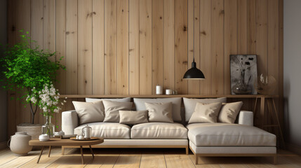 Harmonious Retreat: Beige Corner Sofa in a Minimalist Modern Living Room. Generative AI