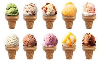Ice cream scoop on cake cone on transparent background cutout, PNG file. Many assorted different flavour Mockup template for artwork design