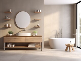 Modern bathroom interior with vanity, double sink, bathtub, and shower generative ai