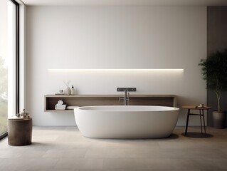 Fototapeta na wymiar Modern bathroom interior with vanity, double sink, bathtub, and shower generative ai