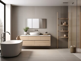 Fototapeta na wymiar Modern bathroom interior with vanity, double sink, bathtub, and shower generative ai