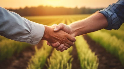 Keuken foto achterwand Chocoladebruin Handshake. Two farmer standing and shaking hands in a wheat field. Agricultural business.