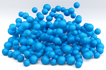Many of flying blue fitness ball or fitball falling on white background