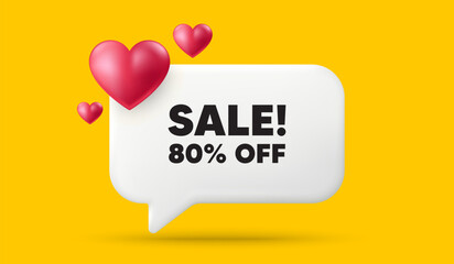 Sale 80 percent off discount. 3d speech bubble banner with hearts. Promotion price offer sign. Retail badge symbol. Sale chat speech message. 3d offer talk box. Vector