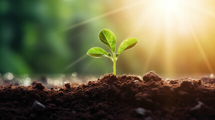 The seedlings are emerging from the fertile soil, reaching towards the morning sunlight that illuminates the background, symbolizing an ecological concept. Wide panoramic banner.

Generative AI.
