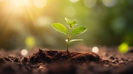 The seedlings are emerging from the fertile soil, reaching towards the morning sunlight that illuminates the background, symbolizing an ecological concept. Wide panoramic banner.

Generative AI.