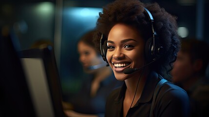 Demonstrating success and friendliness, a customer service woman excels in her role within the call center - Powered by Adobe