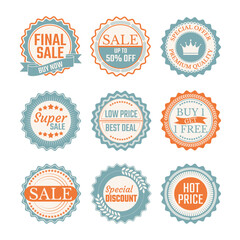 Retro vintage discount sale stickers and labels for promotions.