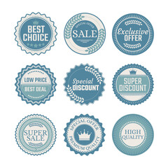 Retro vintage discount sale stickers and labels for promotions.