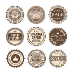 Retro vintage discount sale stickers and labels for promotions.