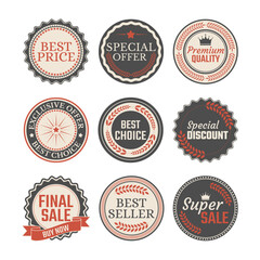 Retro vintage discount sale stickers and labels for promotions.