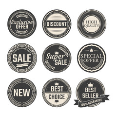 Retro vintage discount sale stickers and labels for promotions.