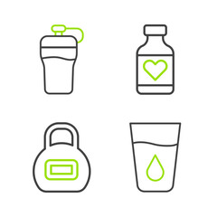 Set line Glass with water, Kettlebell, Vitamin pill and Fitness shaker icon. Vector